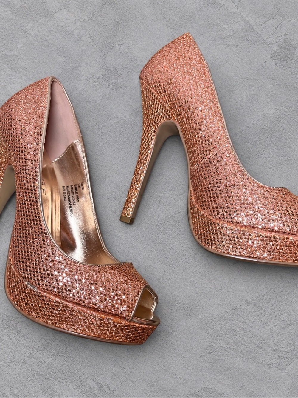 Rampage Rose Gold Crystal Peep-Toe Stiletto Heels